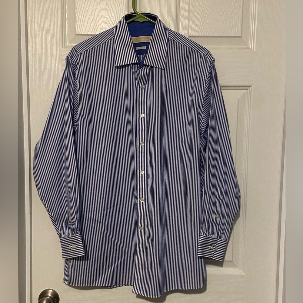 Michael Kors Dress Shirt Mens 16 32/33 Button Down Blue White Non Iron Long